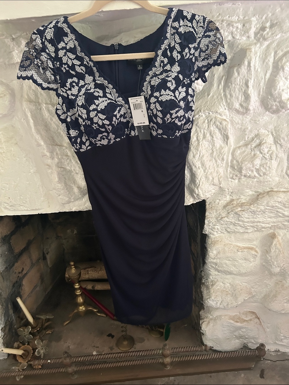 Betsy & Adam Navy Dress with White Floral Lace